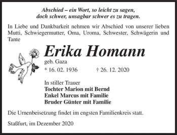 Traueranzeige von Erika Homann (geb. Gaza)  von Magdeburger Volksstimme
