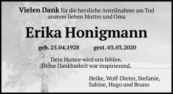 Traueranzeige von Erika Honigmann  von Magdeburger Volksstimme