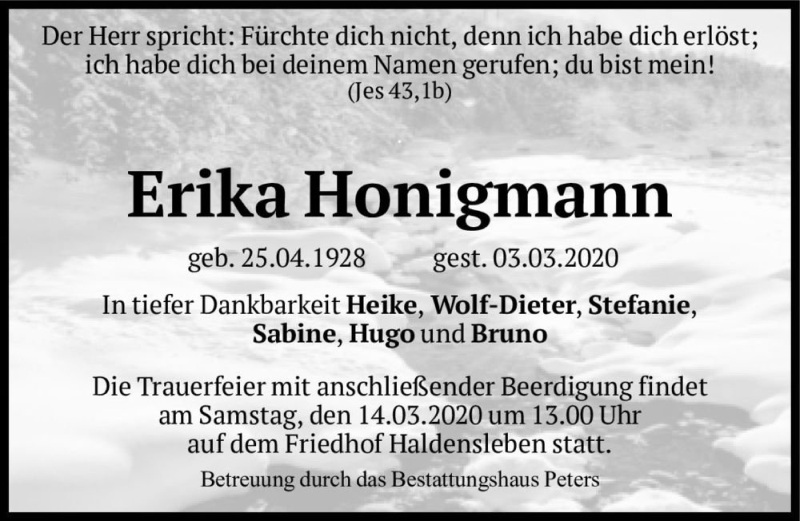  Traueranzeige für Erika Honigmann  vom 09.03.2020 aus Magdeburger Volksstimme