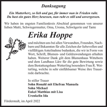 Traueranzeige von Erika Hoppe  von Magdeburger Volksstimme