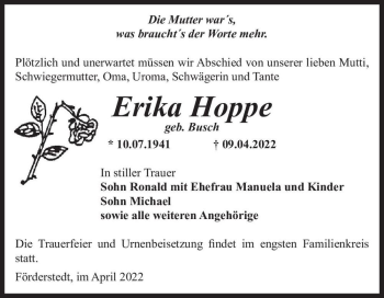 Traueranzeige von Erika Hoppe (geb. Busch)  von Magdeburger Volksstimme