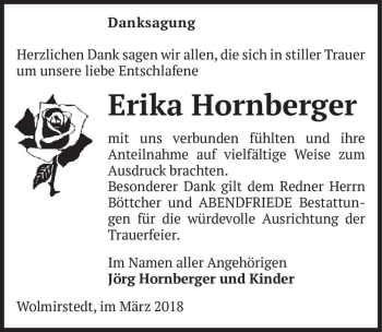 Traueranzeige von Erika Hornberger  von Magdeburger Volksstimme