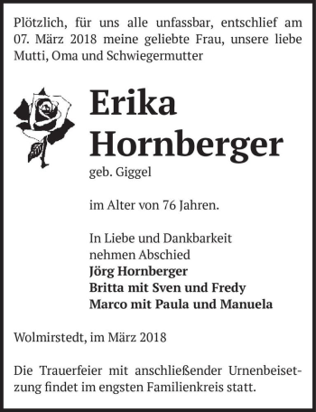 Traueranzeige von Erika Hornberger (geb. Giggel)  von Magdeburger Volksstimme