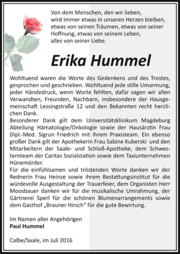 Traueranzeige von Erika Hummel  von Magdeburger Volksstimme