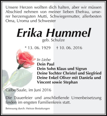 Traueranzeige von Erika Hummel (geb. Schulze)  von Magdeburger Volksstimme