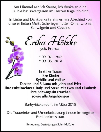 Traueranzeige von Erika Hölzke (geb. Proksch)  von Magdeburger Volksstimme
