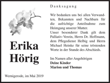 Traueranzeige von Erika Hörig  von Magdeburger Volksstimme