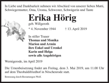 Traueranzeige von Erika Hörig (geb. Willgeroth)  von Magdeburger Volksstimme