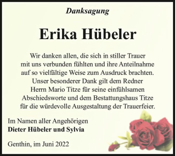 Traueranzeige von Erika Hübeler  von Magdeburger Volksstimme