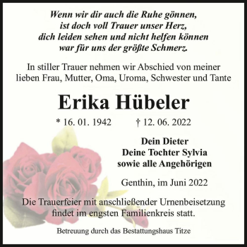 Traueranzeige von Erika Hübeler  von Magdeburger Volksstimme