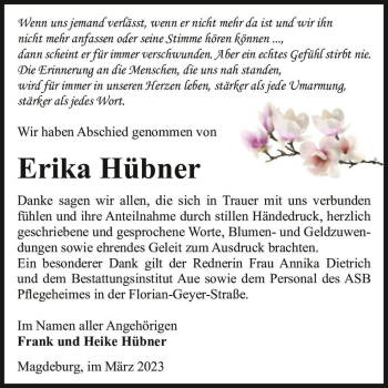 Traueranzeige von Erika Hübner  von Magdeburger Volksstimme