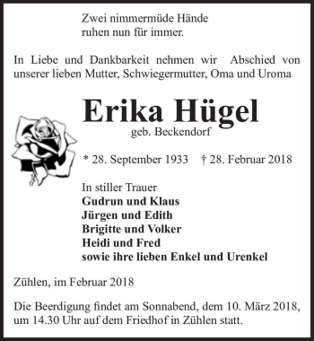 Traueranzeige von Erika Hügel (geb. Beckendorf)  von Magdeburger Volksstimme
