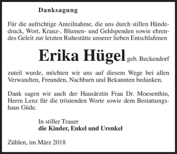 Traueranzeige von Erika Hügel (geb. Beckendorf)  von Magdeburger Volksstimme