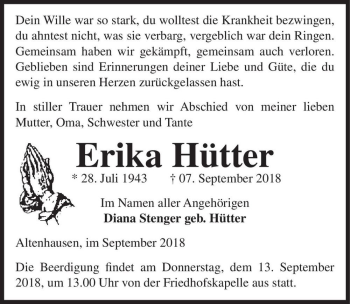 Traueranzeige von Erika Hütter  von Magdeburger Volksstimme