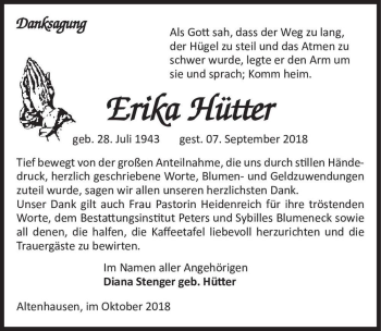 Traueranzeige von Erika Hütter  von Magdeburger Volksstimme