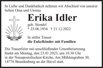Traueranzeige von Erika Idler (geb. Stendel)  von Magdeburger Volksstimme