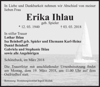 Traueranzeige von Erika Ihlau (geb. Spieler)  von Magdeburger Volksstimme
