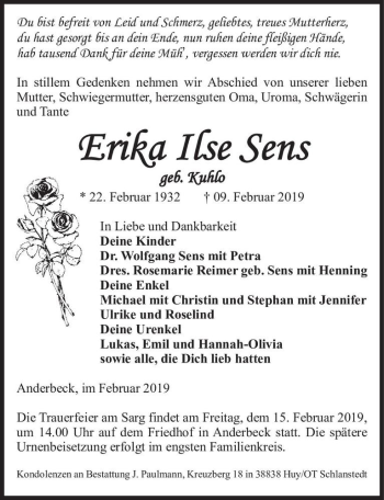 Traueranzeige von Erika Ilse Sens (geb. Kuhlo)  von Magdeburger Volksstimme