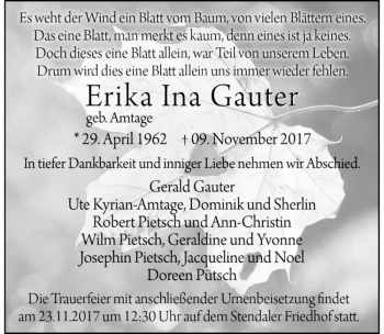 Traueranzeige von Erika Ina Gauter (geb. Amtage)  von Magdeburger Volksstimme