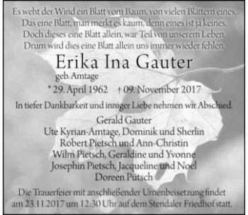 Traueranzeige von Erika Ina Gauter (geb. Amtage)  von Magdeburger Volksstimme