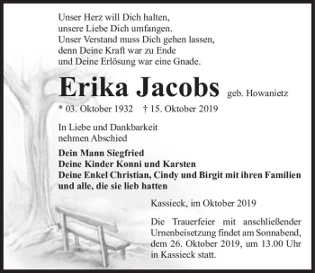Traueranzeige von Erika Jacobs (geb. Howanietz)  von Magdeburger Volksstimme