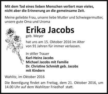 Traueranzeige von Erika Jacobs (geb. Meyer)  von Magdeburger Volksstimme
