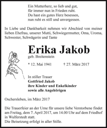 Traueranzeige von Erika Jakob (geb. Breitenstein)  von Magdeburger Volksstimme