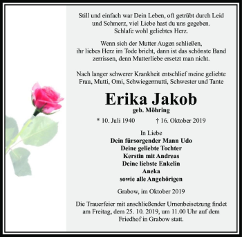 Traueranzeige von Erika Jakob (geb. Möhring)  von Magdeburger Volksstimme