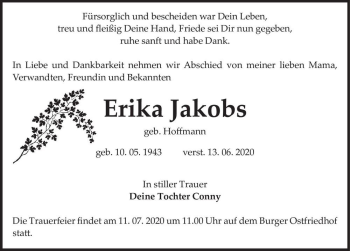 Traueranzeige von Erika Jakobs (geb. Hoffmann)  von Magdeburger Volksstimme