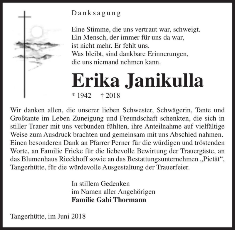  Traueranzeige für Erika Janikulla  vom 13.07.2018 aus Magdeburger Volksstimme