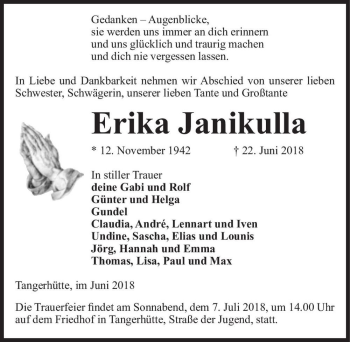 Traueranzeige von Erika Janikulla  von Magdeburger Volksstimme