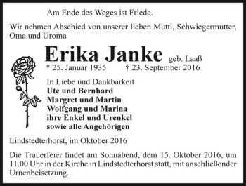 Traueranzeige von Erika Janke (geb. Laaß)  von Magdeburger Volksstimme