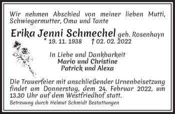 Traueranzeige von Erika Jenni Schmechel (geb. Rosenhayn)  von Magdeburger Volksstimme