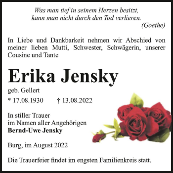 Traueranzeige von Erika Jensky (geb. Gellert)  von Magdeburger Volksstimme