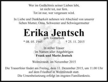 Traueranzeige von Erika Jentsch (geb. Gottschalk)  von Magdeburger Volksstimme