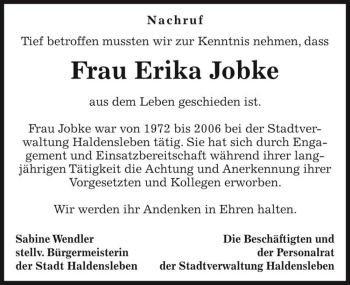 Traueranzeige von Erika Jobke  von Magdeburger Volksstimme