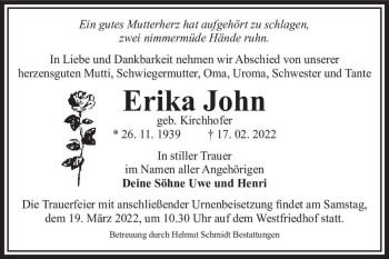 Traueranzeige von Erika John (geb. Kirchhofer)  von Magdeburger Volksstimme