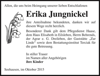 Traueranzeige von Erika Jungnickel  von Magdeburger Volksstimme