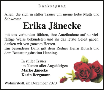 Traueranzeige von Erika Jänecke  von Magdeburger Volksstimme