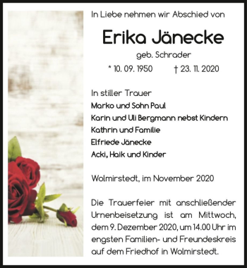 Traueranzeige von Erika Jänecke (geb. Schrader)  von Magdeburger Volksstimme