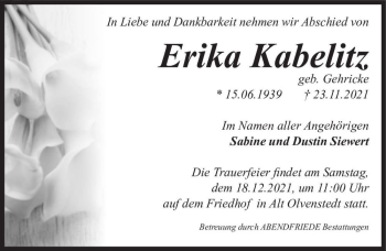 Traueranzeige von Erika Kabelitz (geb. Gehricke)  von Magdeburger Volksstimme