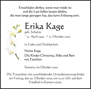 Traueranzeige von Erika Kage (geb. Schulze)  von Magdeburger Volksstimme