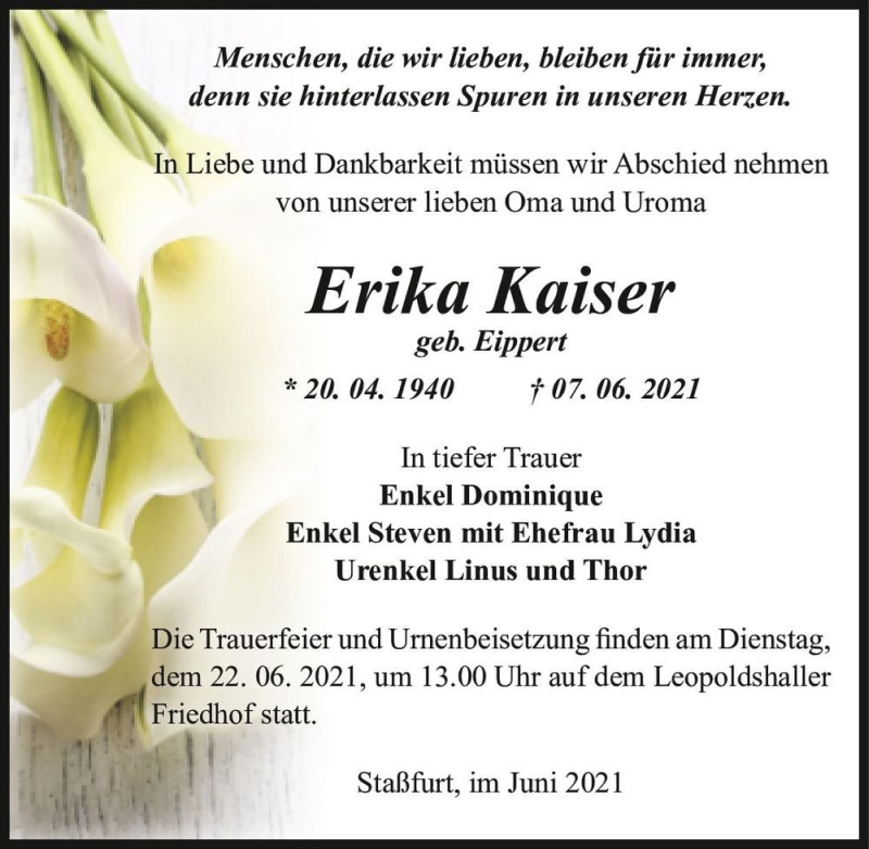  Traueranzeige für Erika Kaiser (geb. Eippert)  vom 12.06.2021 aus Magdeburger Volksstimme