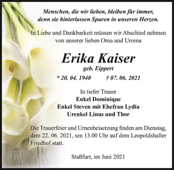 Traueranzeige von Erika Kaiser (geb. Eippert)  von Magdeburger Volksstimme