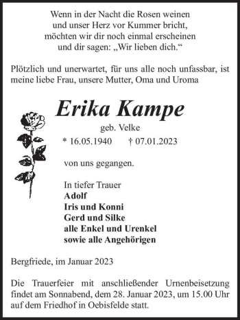 Traueranzeige von Erika Kampe (geb. Velke)  von Magdeburger Volksstimme