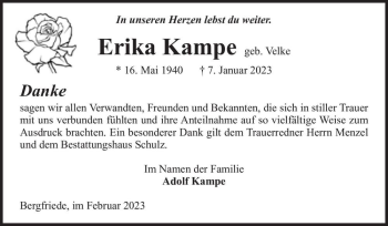 Traueranzeige von Erika Kampe (geb. Velke)  von Magdeburger Volksstimme