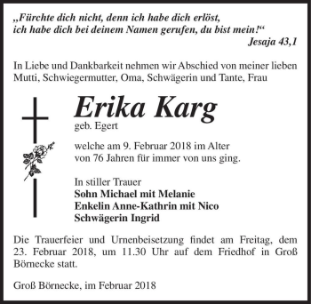 Traueranzeige von Erika Karg (geb. Egert)  von Magdeburger Volksstimme