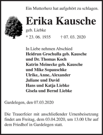 Traueranzeige von Erika Kausche (geb. Liebke)  von Magdeburger Volksstimme