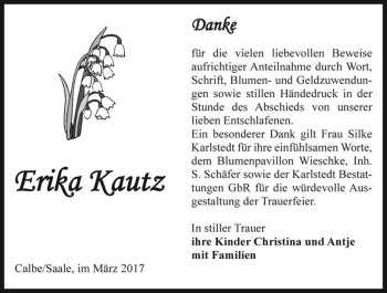Traueranzeige von Erika Kautz  von Magdeburger Volksstimme
