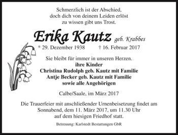 Traueranzeige von Erika Kautz (geb. Krabbes)  von Magdeburger Volksstimme